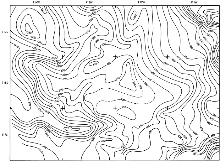 Contour map shows lowest values of 380 in center; rises to 600 in northeast and 540 in southwest; to east stays around 390 to 310.