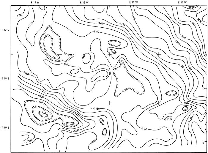 Contour map shows no obvious trend; values range from -1120 in SE, -1020 in NE, -1220 in SW, and -1160 in NW.