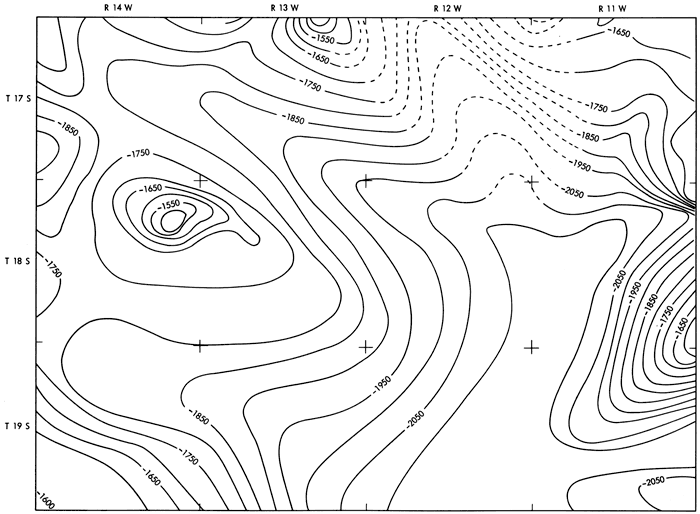 Contour map shows values of -1650 in east and west, with trought to -2050 in center.