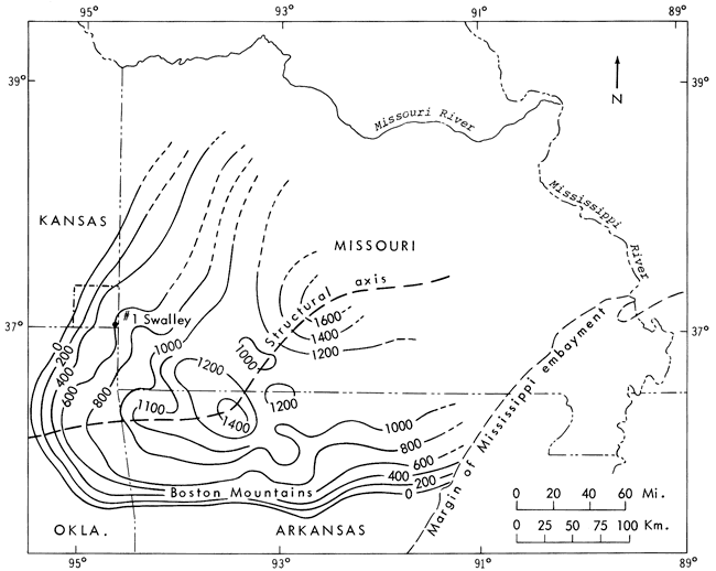 Zero line runs from eastern Missouri through SE Kansas and NE Okl. and through northern Ark.; high is 1600 in south-central Missouri, 1200-1400 in SW Missouri and NW Arkansas.