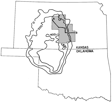 Hutchinson Salt as thick as 400 feet in south-central Kansas stretchinging into Oklahoma; thins to 0 in NE Kansas, Oklahoma Panhandle, and in Sedgwick, Harvey and McPherson counties to east.