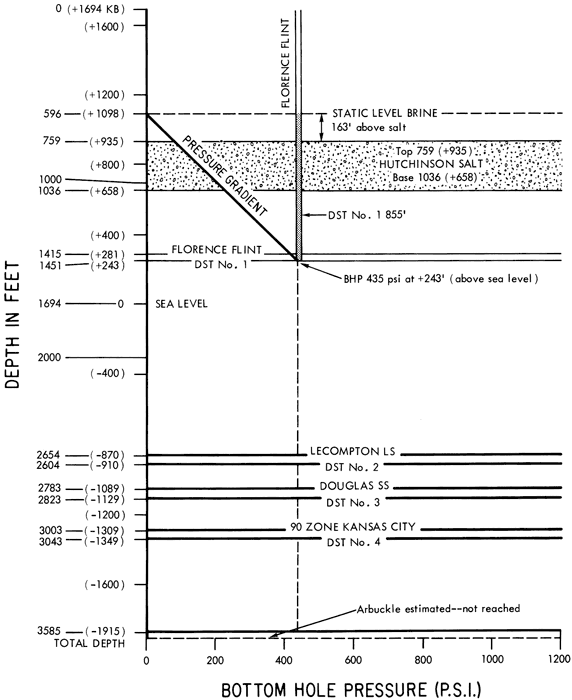 Static level brine 163 feet above salt; Florence Flint just below salt, with Lecompton Ls, Douglas Ss,a nd zone 90 of the Kansas City Group are all much deeper.