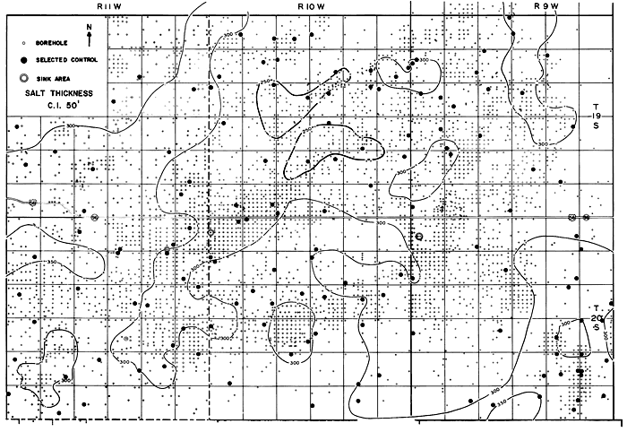 Salt thickness 300 feet in much of area; rises to 350 in west-central and SE; thins to 250 in central parts of R. 10 W., T. 19 S.