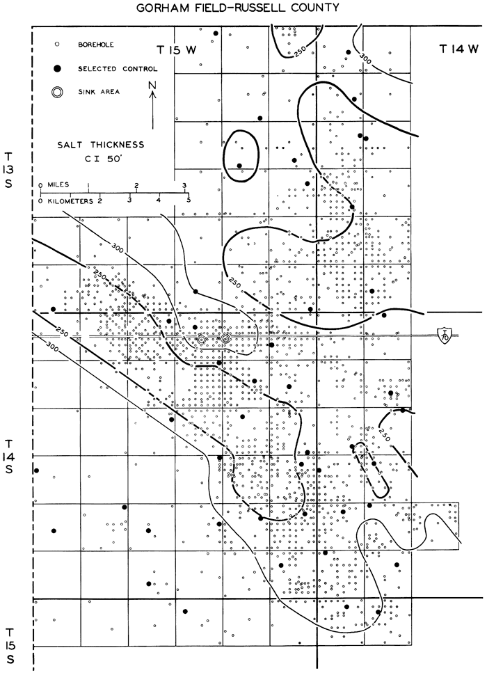 Salt thickness 250 feet in much of area; two sinkholes are in the area where salt is 300 feet thick.