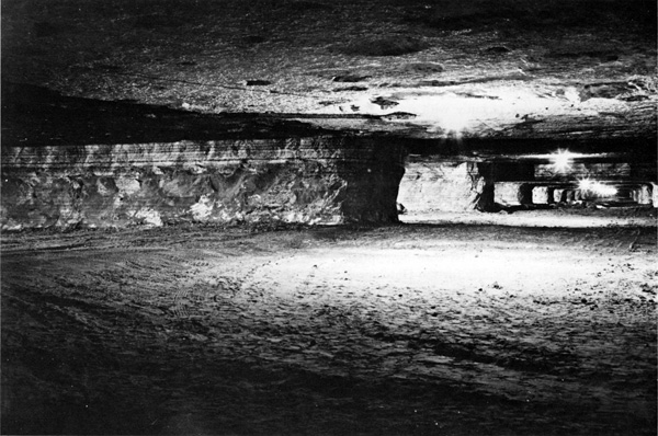 Rooms and pillars in salt mine, lights on ceiling, banding in salt beds seen near top of pillar.