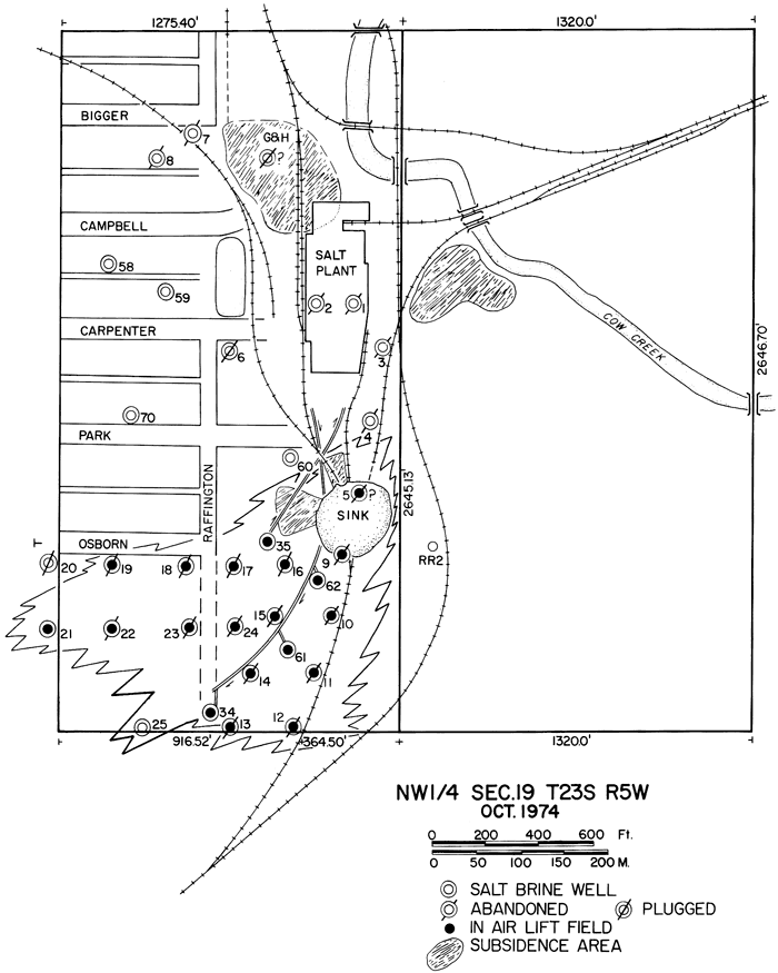Sketch shows relation of wells, rail lines, and subsiding areas, and sinkhole.