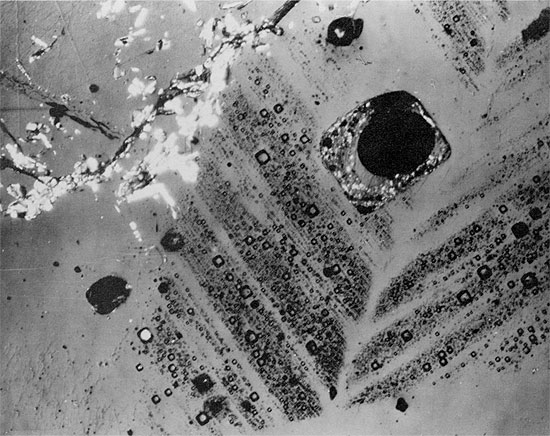 Black and white photo of core, halite of Blaine Formation.