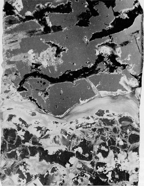 Black and white photo of core, anhydrite and halite of Blaine Formation.