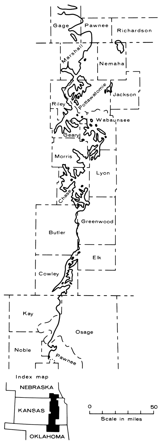 Outcrop basically north-south from Marshall, Riley, and Pottawatomie in northern Kansas to Cowley in southern Kansas.