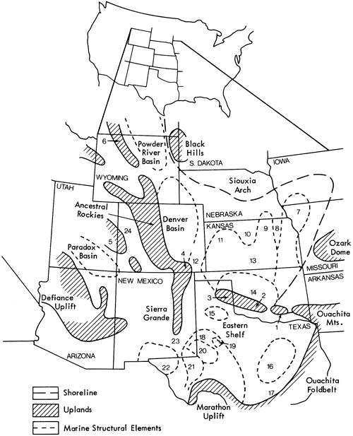 Features in wetern states shown; Hugoton embayment, Sedgwick basin, Central Kansas uplift, Nemaha anticline, and Forest City basin are present in Kansas, but many others would ahve affected the state.