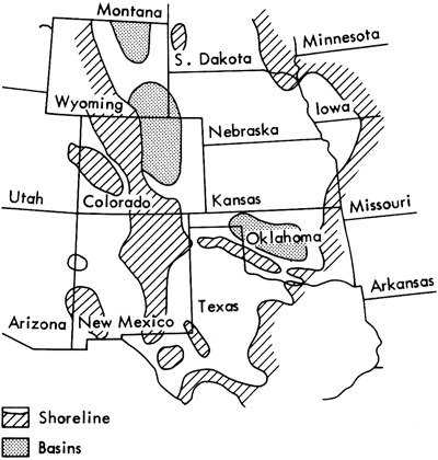 Shorelines in SE Kansas and western Missouri and western Colorado; basins in Oklahoma and central Colorado.