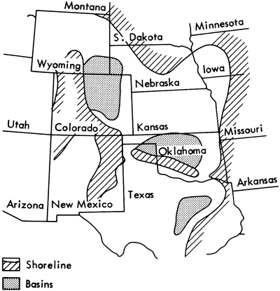 Shorelines in western Missouri and western Colorado; basins in Oklahoma and eastern Colorado.