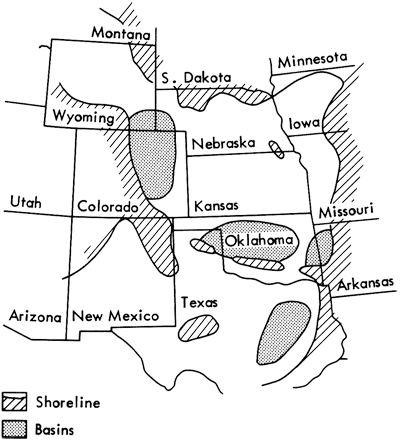 Shorelines in central Missouri and central Colorado; basins in Oklahoma and eastern Colorado.