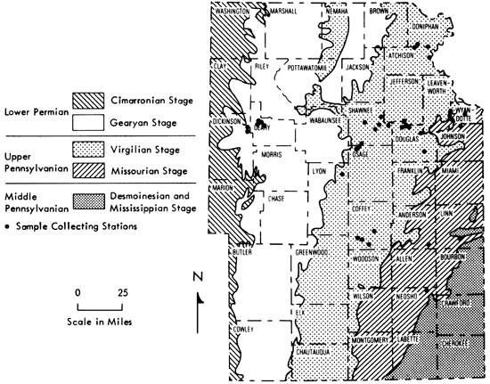 Shorelines in central Missouri and central Colorado; basins in Oklahoma and eastern Colorado.