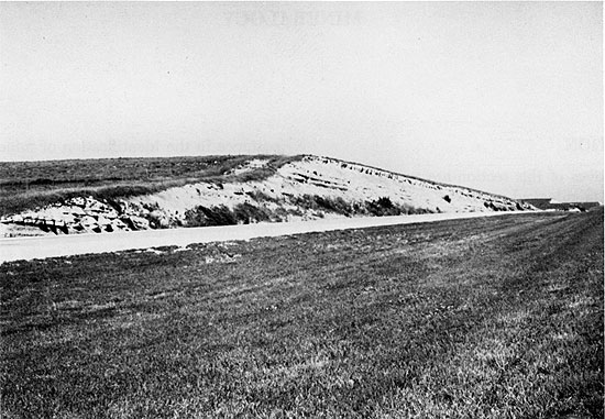 Black and white photo of gently sloping roadcut along divided highway.
