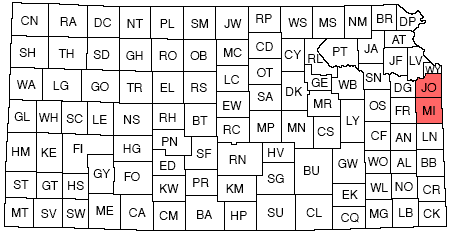 Map of Kansas; Johnson and Miami counties are in far eastern Kansas, in the northern half.