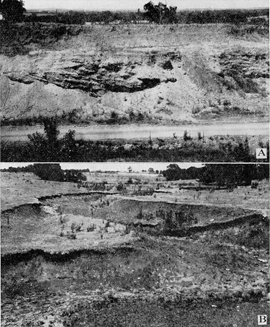 Black and white photos; top photo is high terrace gravel in roadcut; lower photo is is of gully cutting through gravels.
