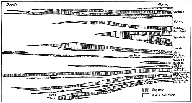 Diagrammatic representation of stratigraphic units in the Missouri series along the strike of outcrops in eastern Kansas.