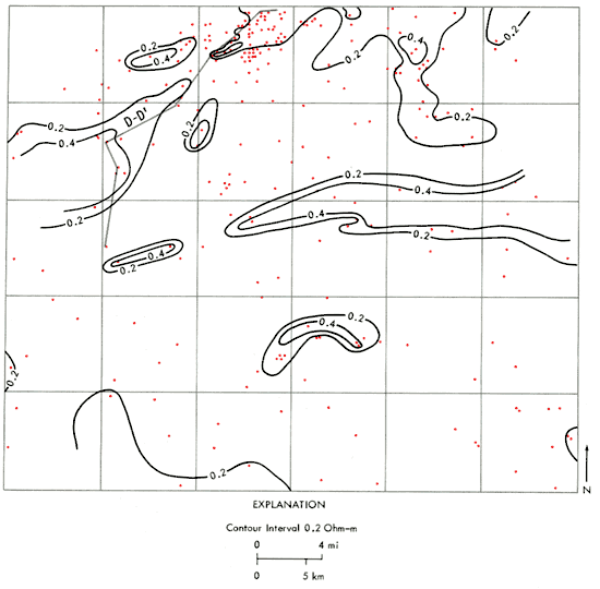 Rwa highest over northern fields, over Waterman field in south, and in east-west band across center of map.