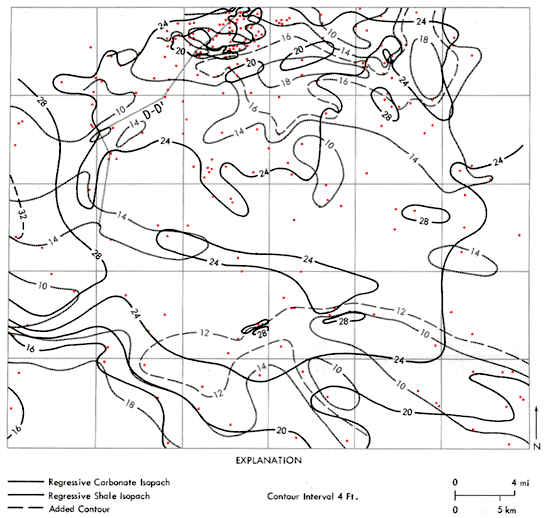 Shale thickest across middle of area in east-west band.