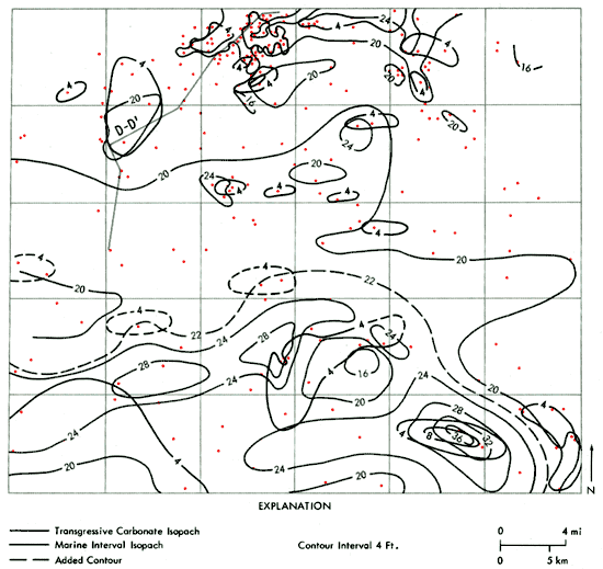 Both isopachs have pronounced thickenings in southeast corner; smaller high stretches from there to western border.