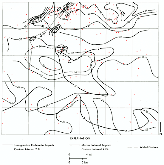 Carbonate thickness around 2 ft thoughout much of county, thickeds to 4 in northwest; marine interval ranges from 28 feet in south to 40 in northeast.