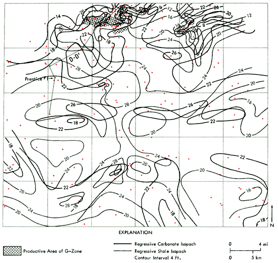 Productive area of G-Zone is in north-central area; carbonate thickest in northeast; shale thickest in western half.