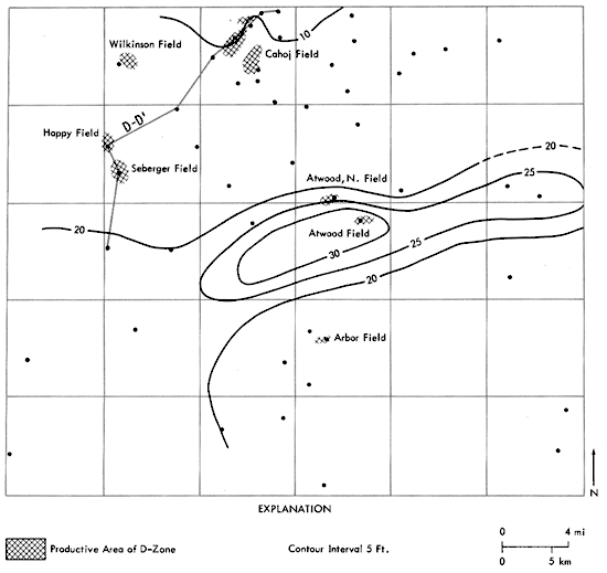 Thickness reaches 30 feet over Atwood andAtwood North fields; around 20 feet over Arbor, Seberger, and Happy fields.