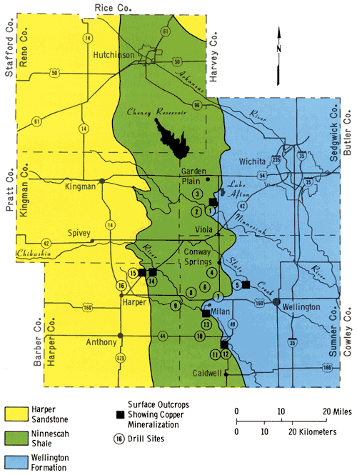 Outcrops and drill sites location in NE Harper, SW Sedgwick, and western Sumner counties.