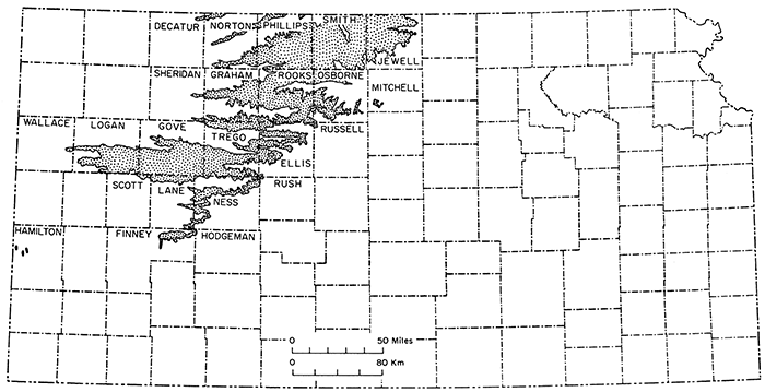 Niobrara Chalk crops out in band from Logan, Gove, and Trego counties to south (with some extensions) to Phillips, Smith, and Jewell in the north.