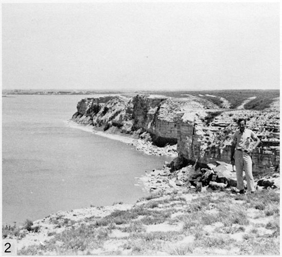 Black and white photo of chalk cliffs at Cedar Bluff Reservoir.