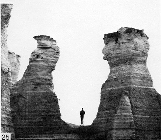 Black and white photo of erosional pinnacles in Smoky Hill at Monument Rocks, Gove County.