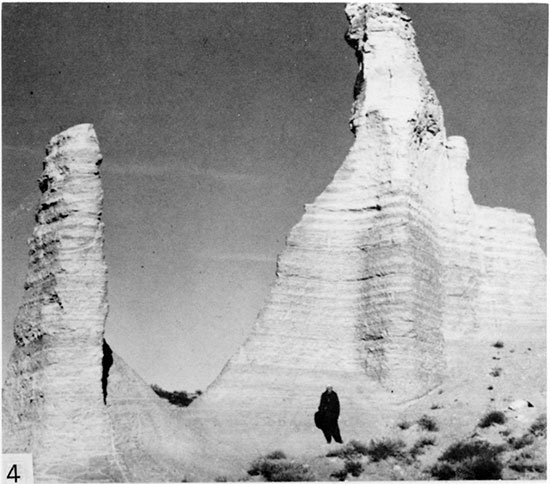 Black and white photo of erosional pinnacles at Chalk Bluff, Logan County.