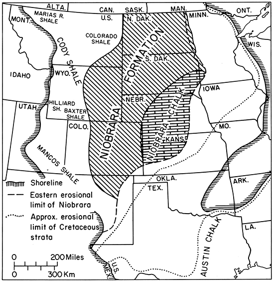 Map showing paleogeography at peak of Niobrara transgression, regional distribution of Niobrara Chalk (Formation), and nomenclature of laterally contiguous marine units.