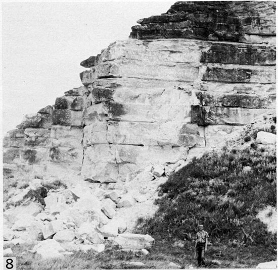 Black and white photo of Fort Hays Member near mouth of Hackberry Creek.