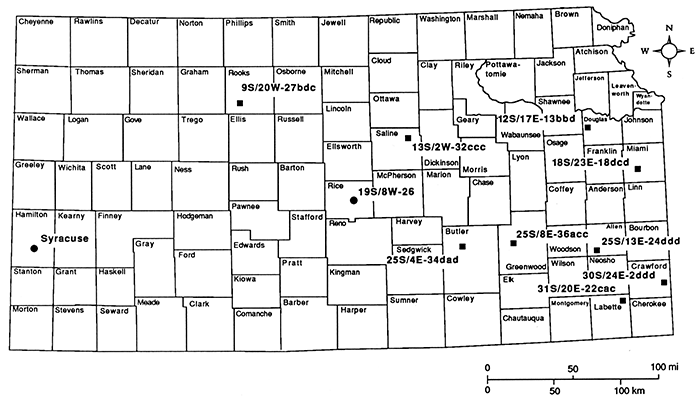 Map of Kansas showing locations of wells described in table 1.