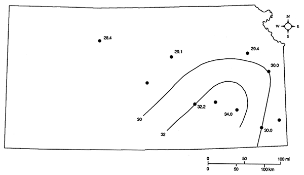 Isotherm lines at 30 and 32 degrees C.