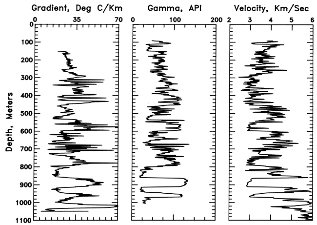 Geothermal gradient, gamma-ray activity, and P-wave velocity for the hole in Saline County.