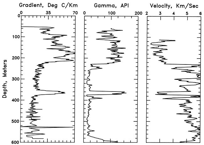 Geothermal gradient, gamma-ray activity, and P-wave velocity for the hole in Miami County.