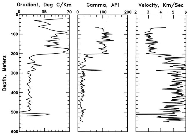 Geothermal gradient, gamma-ray activity, and P-wave velocity for the hole in Labette County.