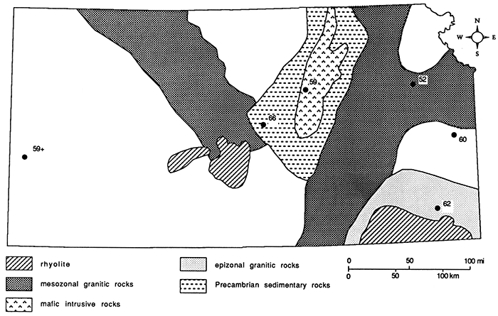 Map of Kansas with generalized basement-rock lithology.
