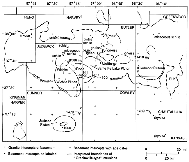 Map of plutons in several southern Kansas counties.