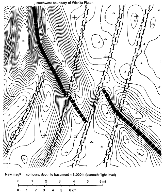 Residual aeromagnetic map of the southwestern boundary of the Wichita granite pluton.