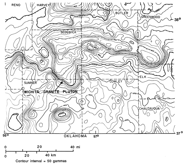 Total-intensity magnetic map of south-central Kansas (Sedgwick, Butler, Sumner, and Cowley counties, with some border areas.