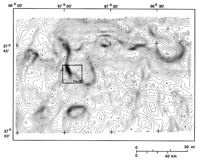 Total-intensity magnetic map of south-central Kansas (Sedgwick, Butler, Sumner, and Cowley counties, with some border areas, contoured at smaller interval.