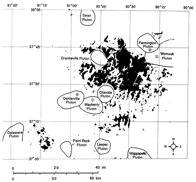 Intrusions plotted on map of southeast Missouri; also shown are Precambrian outcrops.