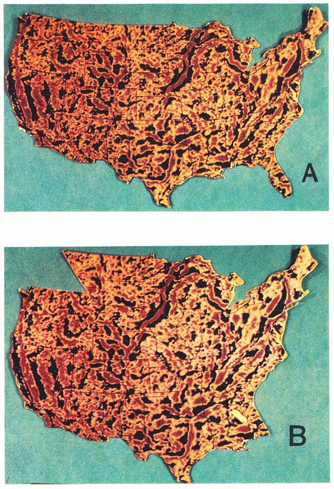 Two Bouguer gravity maps of the USA, one cut and reassembled to tie together possible offset anomalies.