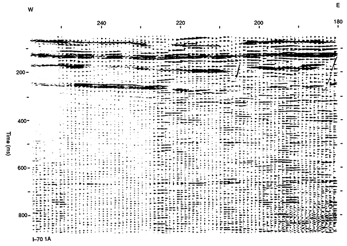 Seismic-reflection record sections for west-east profile along I-70 that crosses Witt sink.