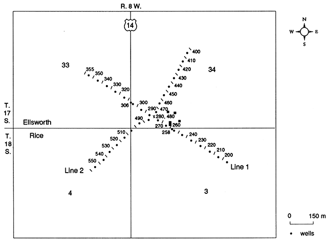 CDP-number location map of Janssen sink seismic lines, Ellsworth County.