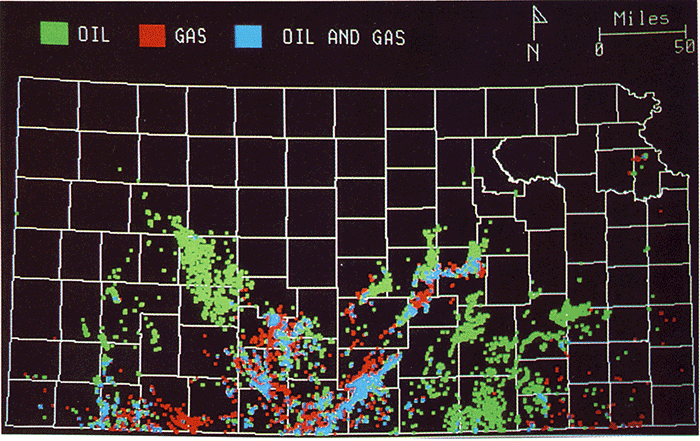 Wells producing from Mississippian zones; gas wells in red, oil wells in green, and wells that produce both are in blue; oil, gas, and both in southern half of state.